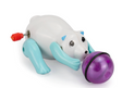 White and blue wind-up polar bear toy chasing a purple ball with a red winding key on its back