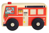 Small wooden fire truck toy with black wheels and printed details featuring a Dalmatian dog firefighter inside