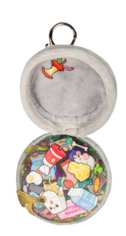 Plush circular pouch with cartoon trash items and a keyring, designed for ages three and up, measuring three by three by four inches