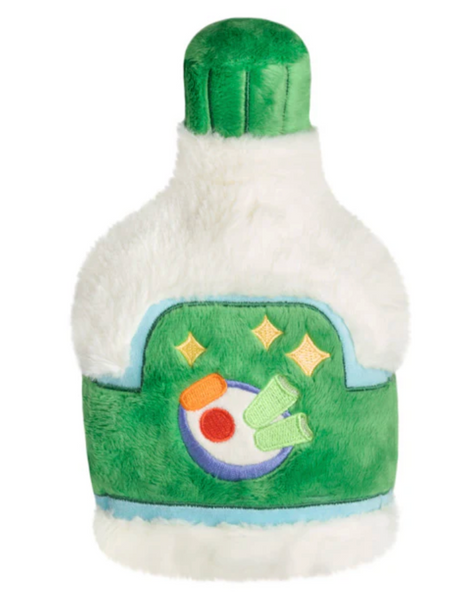 Soft plush bottle toy with green and white colors and embroidered vegetable detail for all ages
