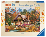 Box of 1000-piece puzzle featuring a cozy pumpkin cottage surrounded by autumn trees and mountains in the background