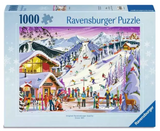 Colorful winter mountain scene with skiers, chairlift, lodge, and snow-covered trees in a 1000-piece puzzle box design