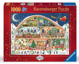 1000-piece Ravensburger puzzle featuring a detailed and festive Santa’s Workshop scene at night.
