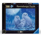 Puzzle box featuring a family of glowing owls in a snowy moonlit forest with 500 pieces for ages 12 and up