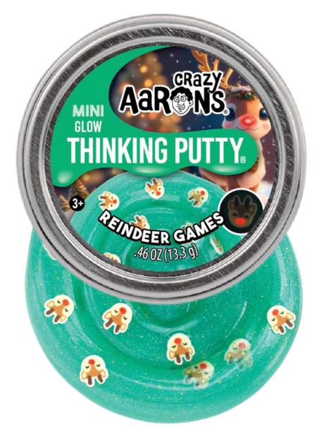 Mini-sized glowing blue thinking putty with tiny reindeer figures in a metal tin for kids ages 3 and up.