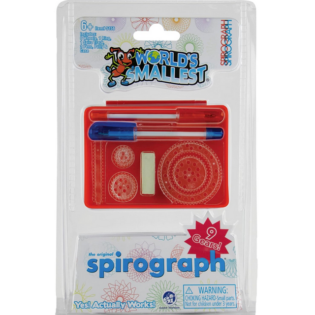 World's Smallest Spirograph set with six wheels, one ring, two pens, and a red spiro track in plastic packaging.