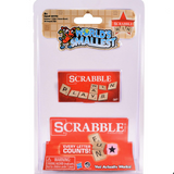 Worlds smallest Scrabble game packaging showing compact edition with magnetic tiles and game board in clear blister pack