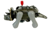 Wind up toy of a gray triceratops robot dinosaur with a red knob on its back and moving legs tail and head