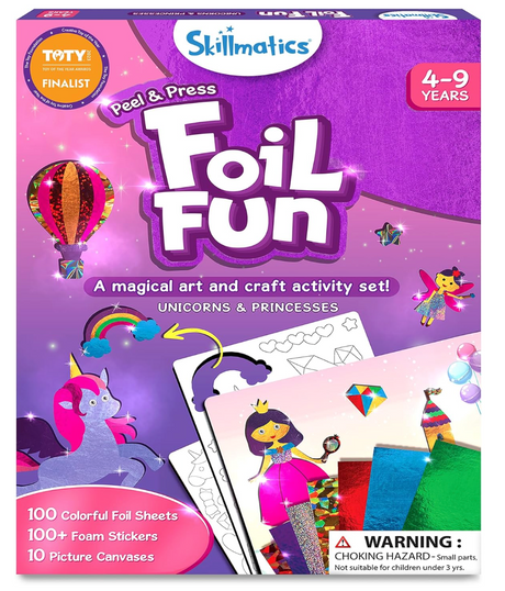 Foil Fun art set with unicorn and princess designs includes colorful foil sheets, foam stickers, and canvases for creative play.