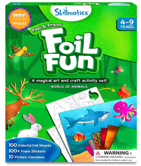 Foil Fun art set with animal canvases, colorful foil sheets, and foam stickers for creative kids ages 4 to 9 years.