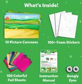 Foil Fun activity kit components including picture canvases, foam stickers, colorful foil sheets, instruction manual, and googly eyes.