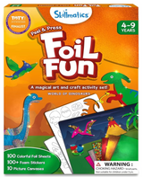 Foil Fun art set for kids with dinosaur-themed canvases, colorful foil sheets, and foam stickers for creative crafting fun.