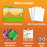 Contents of Foil Fun Dinosaurs kit including picture canvases, foam stickers, colorful foil sheets, instruction manual, and googly eyes