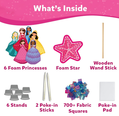 Six foam princesses with stands, poke-in sticks, fabric squares, foam star, wand stick, and poke-in pad for crafting.