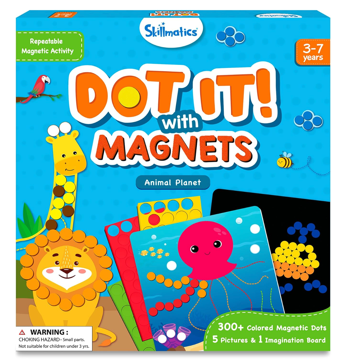 Colorful Dot It Magnets set with 300+ dots and animal-themed pictures to inspire creative play for ages 3 to 7 years.