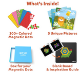 Sets of colorful magnetic dots, animal-themed picture cards, a storage box, and a blank board with an inspiration guide for kids.