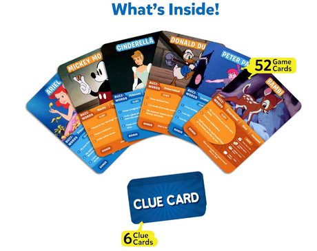 Disney Guess in 10 game cards featuring characters like Ariel, Mickey Mouse, and Cinderella with clue cards for family play.