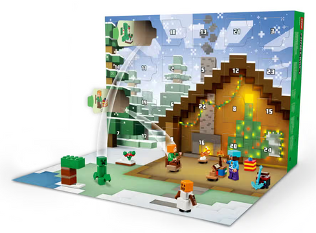 Minecraft Advent Calendar 2025 with 24 surprise toys including minifigures and winter village playset for kids age 7 and up.
