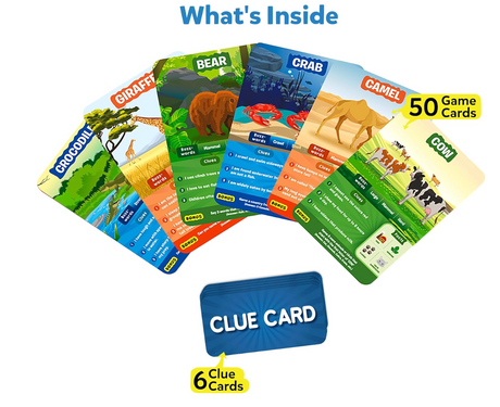 Colorful animal game cards including giraffe, bear, crab, camel, crocodile, and cow with six clue cards for guessing fun.