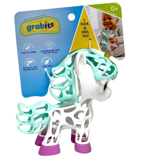 Unicorn-shaped easy-grip sensory toy for babies supporting motor skills and safe for dishwasher top rack cleaning