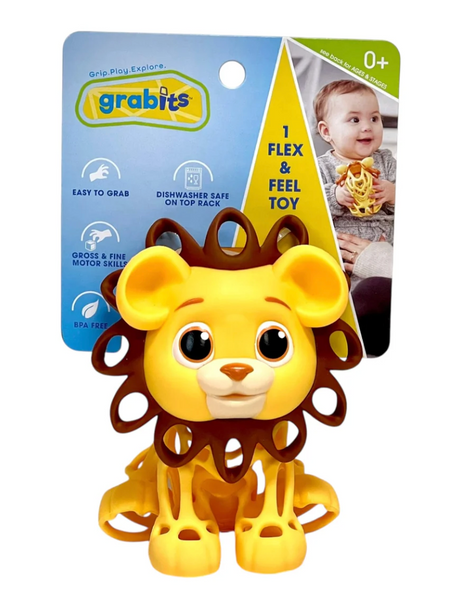 Bright yellow and brown lion teething toy designed for easy grip and sensory play for babies age 0 and up
