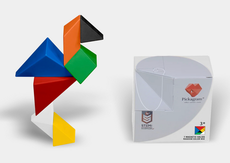 Colorful Pickagram magnetic 3D puzzle assembled into an abstract bird shape beside its packaging box.