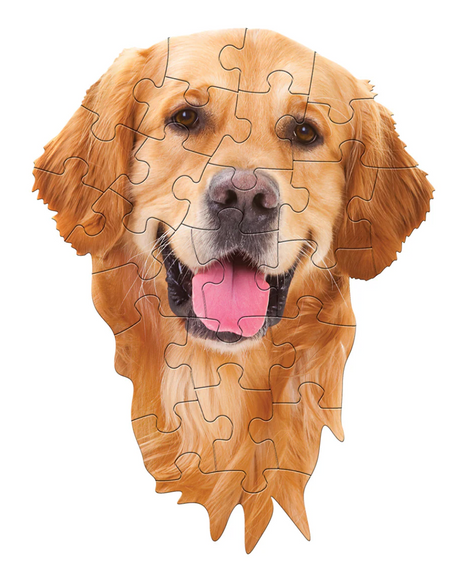 Completed 24-piece dog head-shaped puzzle featuring a happy golden retriever with oversized pieces for easy handling.