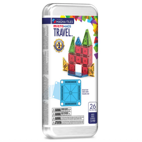 Compact Magnatiles Micromags Travel Set with 26 colorful magnetic pieces in reusable storage for building on the go