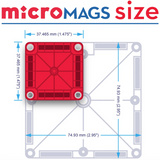 Red Micromags square piece shown next to a larger square tile with measurements in millimeters and inches.