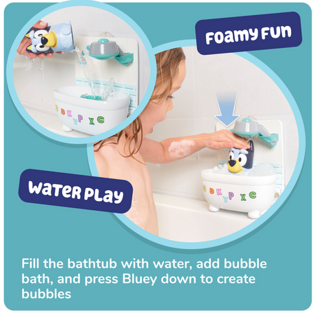 Child playing with Bluey bath toy filling the tub with water and creating bubbles by pressing down the figure