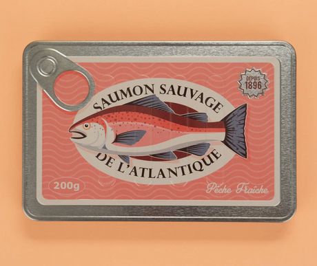 Vintage style notebook designed like a realistic French sardine tin with textured metal cover and rounded edges