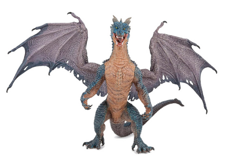 Blue and earthy toned dragon figurine with articulated wings and limbs in a dynamic, fierce pose