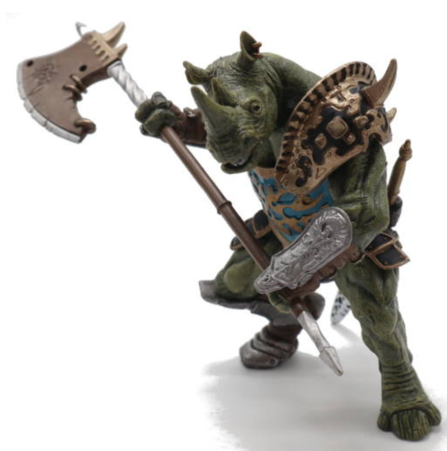 Detailed Rhino Mutant figurine with armor and weapon, blending human and rhino features for ages 8 and up