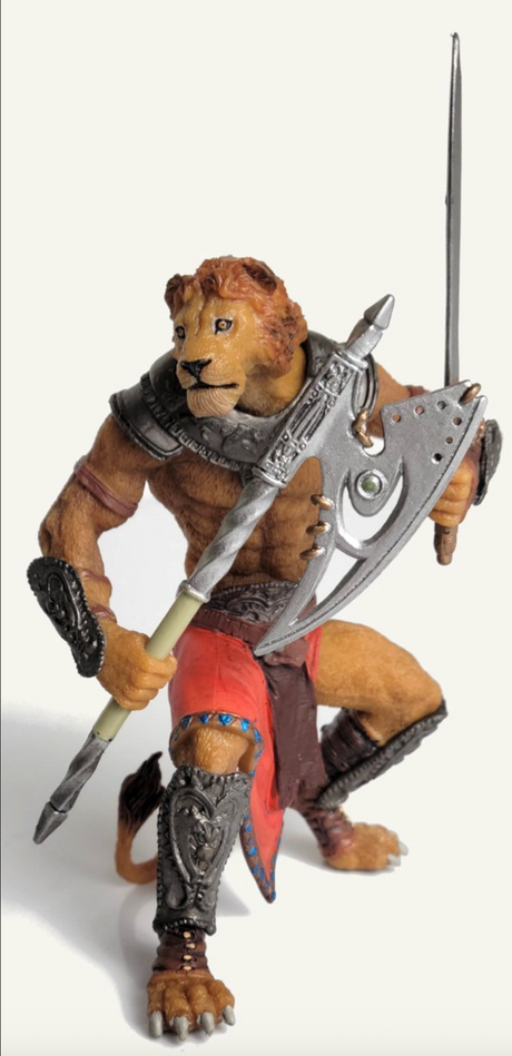 Lion Mutant figure with lion-like features wearing armor and holding a spear and broad axe in a battle-ready pose.