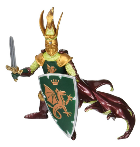 Knight figure in detailed armor with dragon crest shield and flowing robe in green and gold accents