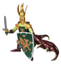 Knight figure in detailed armor with dragon crest shield and flowing robe in green and gold accents