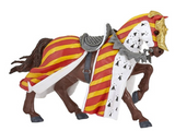 Medieval jousting horse figurine in red and yellow caparison with gold detailing and brown mane and tail.