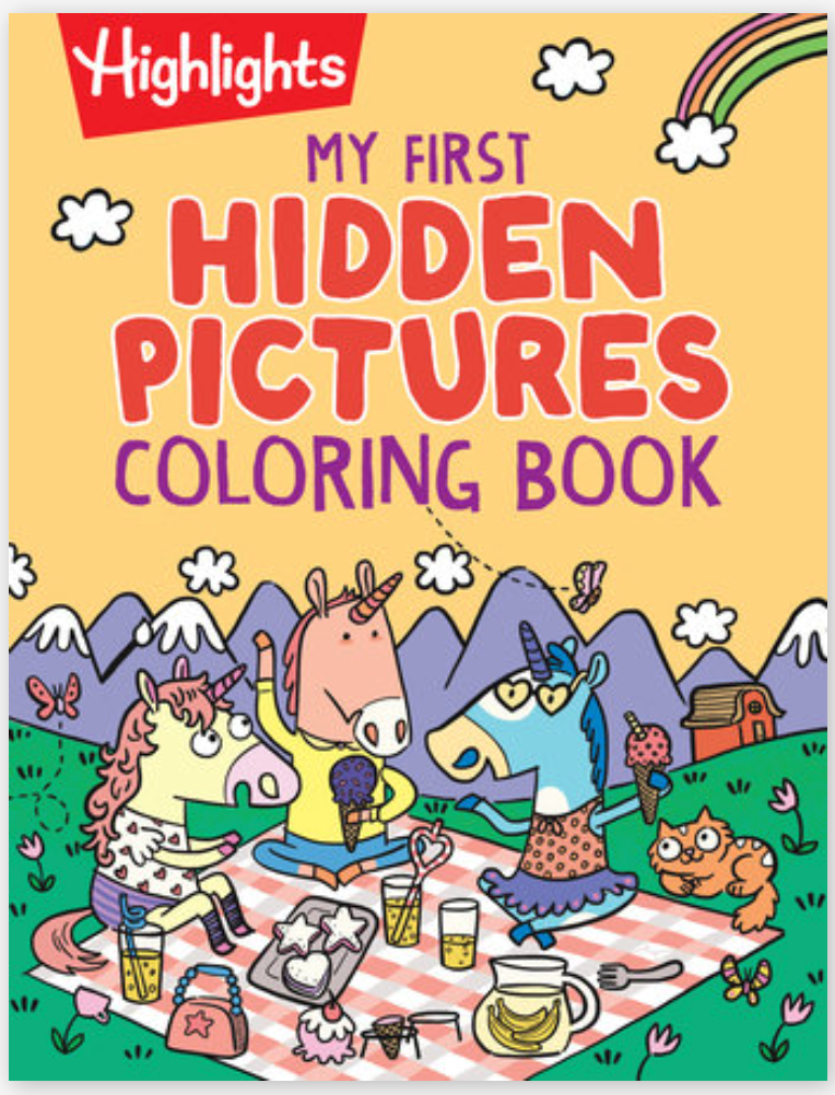 Colorful cover of a kids’ activity book featuring unicorns having a picnic with hidden pictures to find and color
