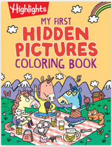 Colorful cover of a kids’ activity book featuring unicorns having a picnic with hidden pictures to find and color