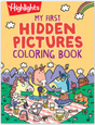 Colorful cover of a kids’ activity book featuring unicorns having a picnic with hidden pictures to find and color