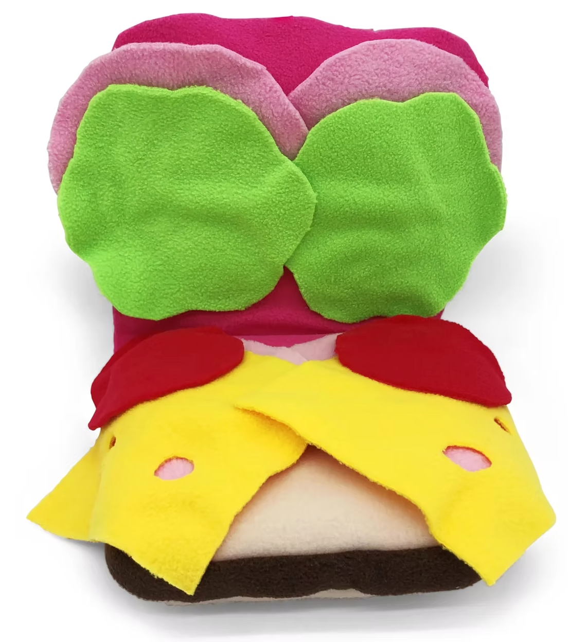 Colorful hand puppet designed as a sandwich with lettuce, cheese, tomato, and layers of bread for imaginative play