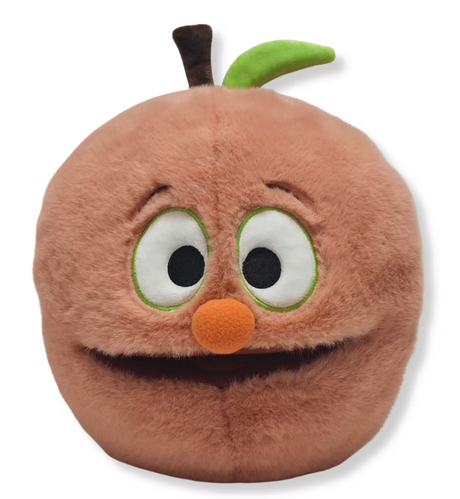 Soft plush peach puppet with large eyes, orange nose, and green leaf on top for hand play and storytelling.