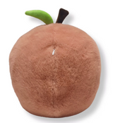 Soft peach-shaped puppet with green leaf and brown stem, designed for hand insertion and playful use