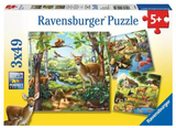 Box of Ravensburger 49-piece puzzles featuring colorful forest, zoo, and farm animal scenes for children aged five and up.