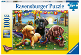 Three playful puppies outside with colorful balls in a bright garden setting at sunset on a puzzle box cover
