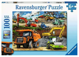 Colorful construction vehicles puzzle with trucks, cranes, and heavy machinery in a busy worksite scene for kids ages 6 and up