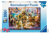 Box of Ravensburger 100-piece XXL dinosaur escape jigsaw puzzle with vibrant prehistoric scene for children aged six and up