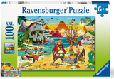 Colorful pirate-themed 100-piece jigsaw puzzle featuring treasure island with skull rock and pirate ship adventure scene