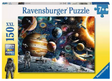 150 piece Ravensburger puzzle featuring colorful planets, astronauts, rockets, and stars for kids aged 7 and up.