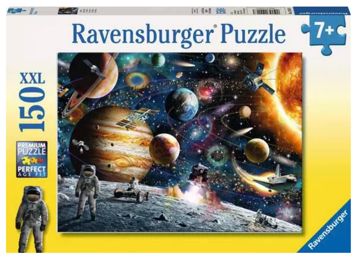 150 piece Ravensburger puzzle featuring colorful planets, astronauts, rockets, and stars for kids aged 7 and up.